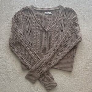 Hollister Taupe Crochet-Style V-Neck Button Front Sweater